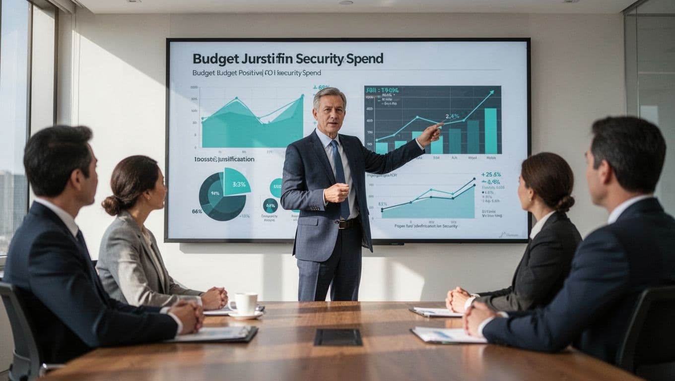 Executive presents simple ROI graphs on security spend to two blurred listeners in conference room.