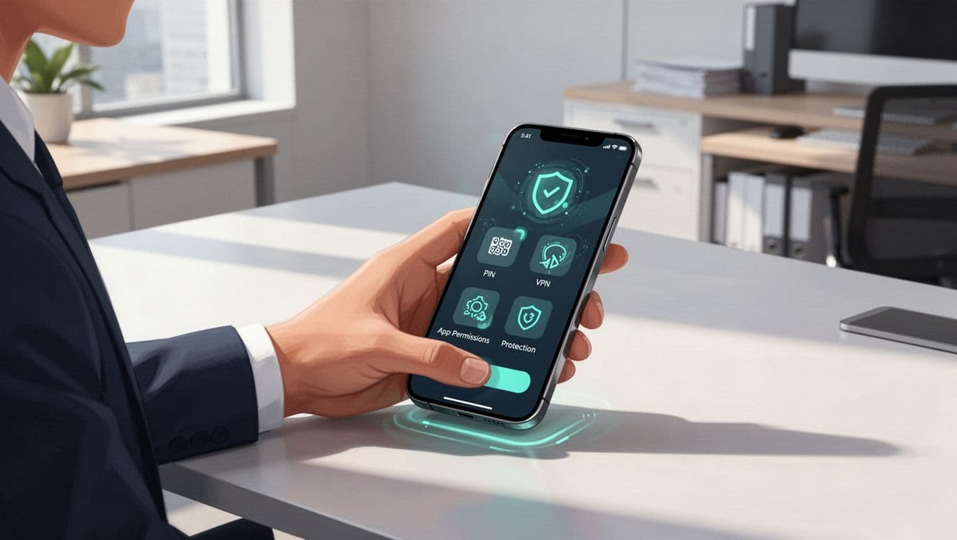 Business executive at desk with relaxed hand on Android phone displaying PIN, VPN, permissions, and Play Protect settings with green accents.