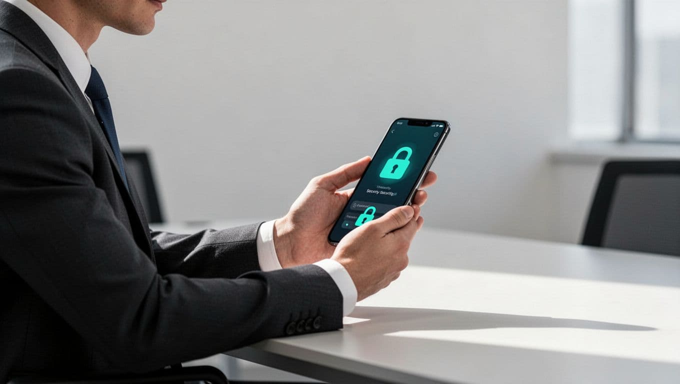 Executive at desk holds iPhone showing passcode, VPN, two-factor, and app limits icons.