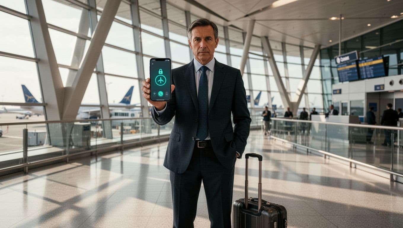 Suit-wearing executive at airport gate holds phone showing airplane mode and secure lock screen, briefcase nearby.