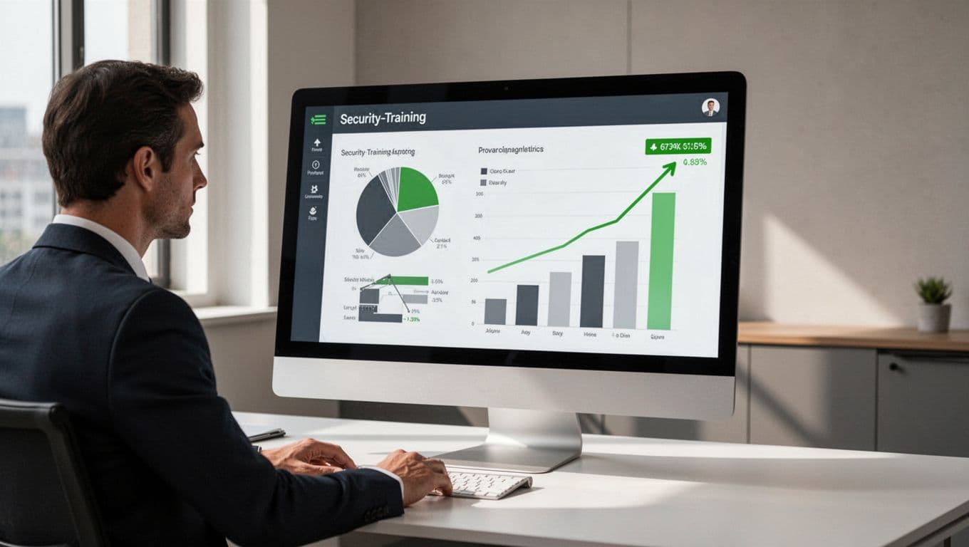 Executive views large screen showing security training metrics with completion rates, phishing scores, and ROI trend in office.
