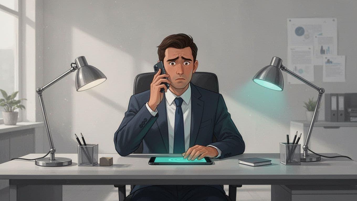 Concerned executive holds smartphone to ear at busy office desk with green screen glow.