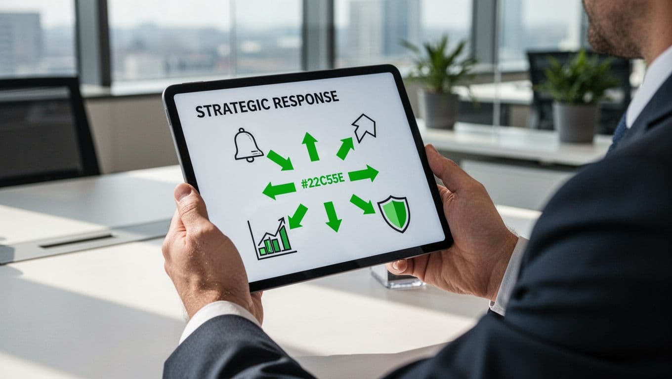 Executive in office holds tablet displaying flowchart icons: alert bell, analysis chart, escalation arrow, mitigation shield.