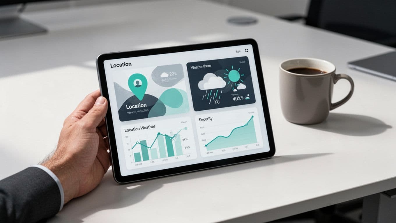 Hand holds tablet showing location tracking, weather alerts, and security feeds on office desk with coffee mug.