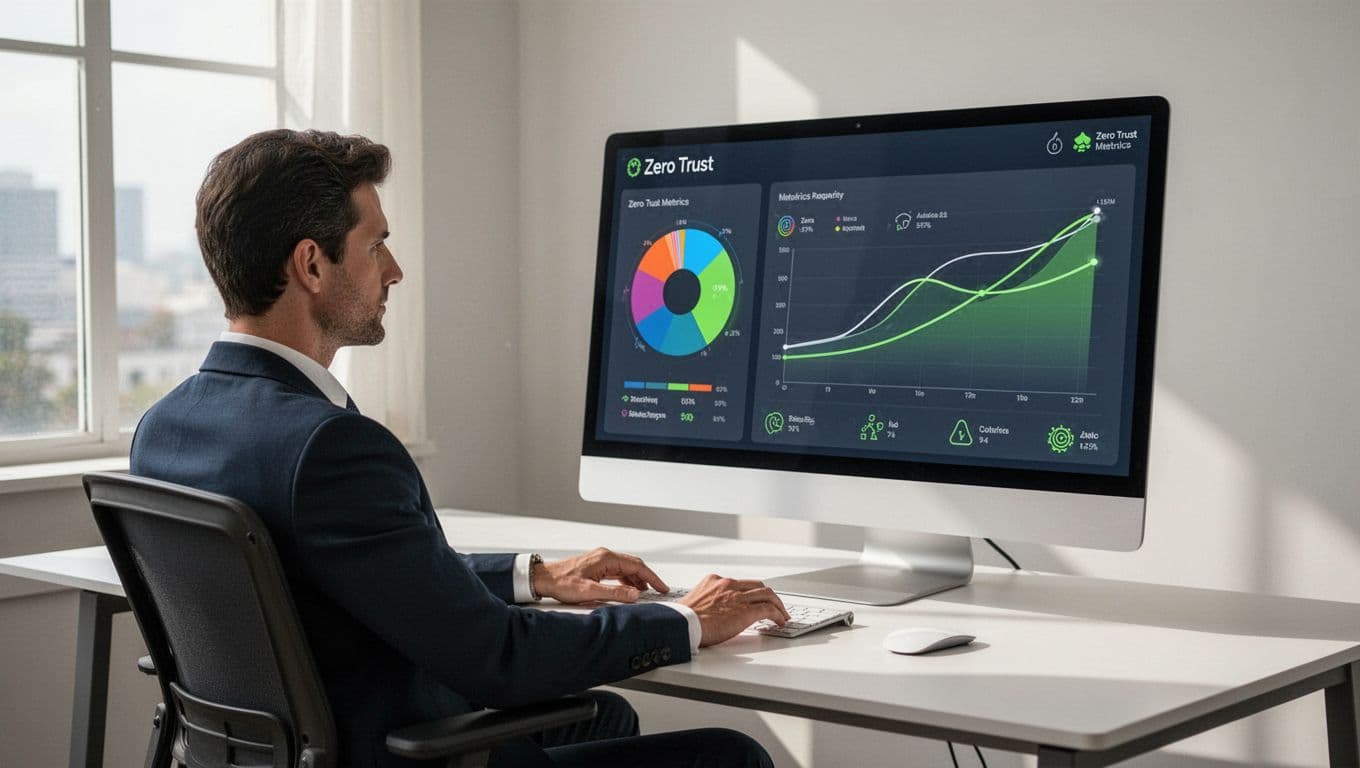 Executive at clean desk reviews large monitor displaying pie charts, trend lines, and risk indicators for Zero Trust maturity.