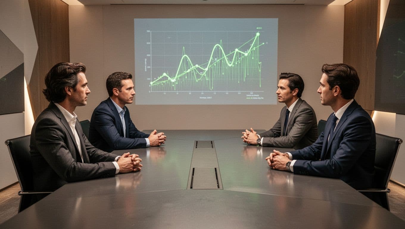 Four professionals at boardroom table review green upward ROI charts on wall screen.