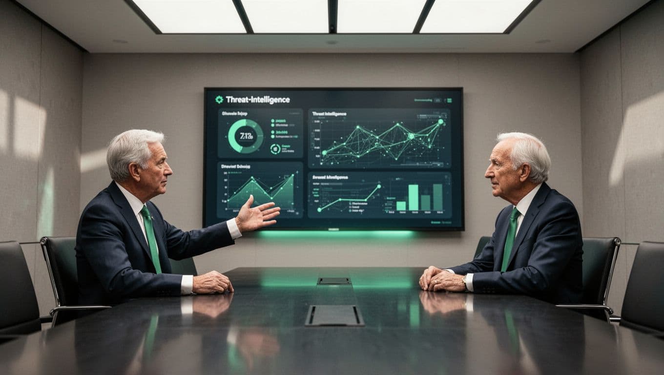Three senior executives in a boardroom around a table, one pointing to threat intelligence dashboard on screen.