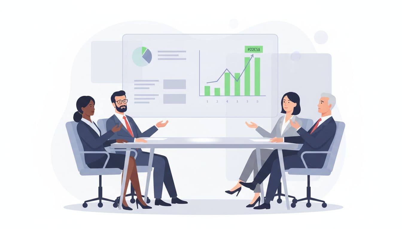 Four diverse executives sit relaxed around a conference table discussing strategy, privacy metrics charts in background.