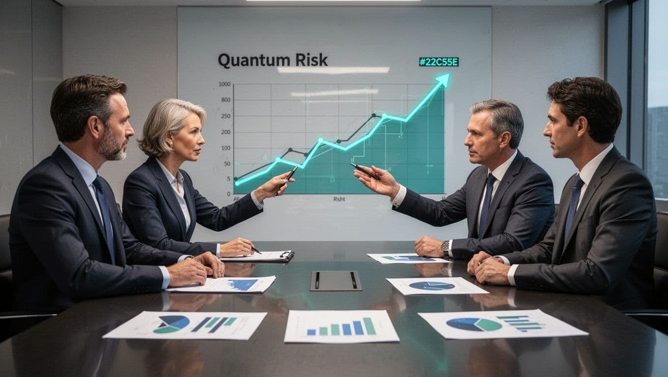 Three executives at a boardroom table discuss charts on quantum risks, one points to rising threat graph.