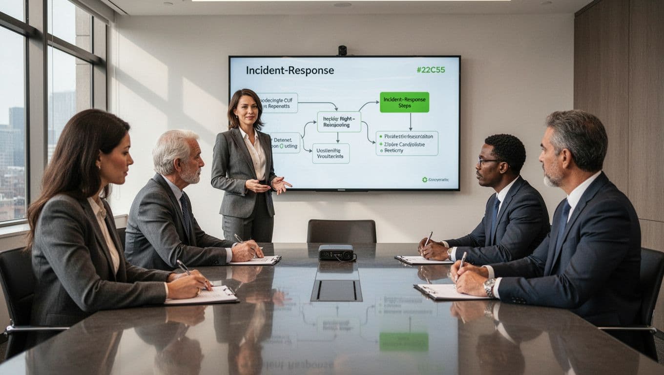 Four executives in modern boardroom; one stands presenting incident response flowchart on screen, others seated taking notes.