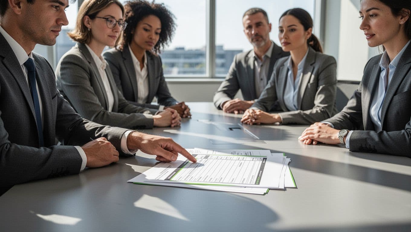 Four diverse professionals seated around a conference table review a printed ransomware agenda checklist, one pointing to a section.