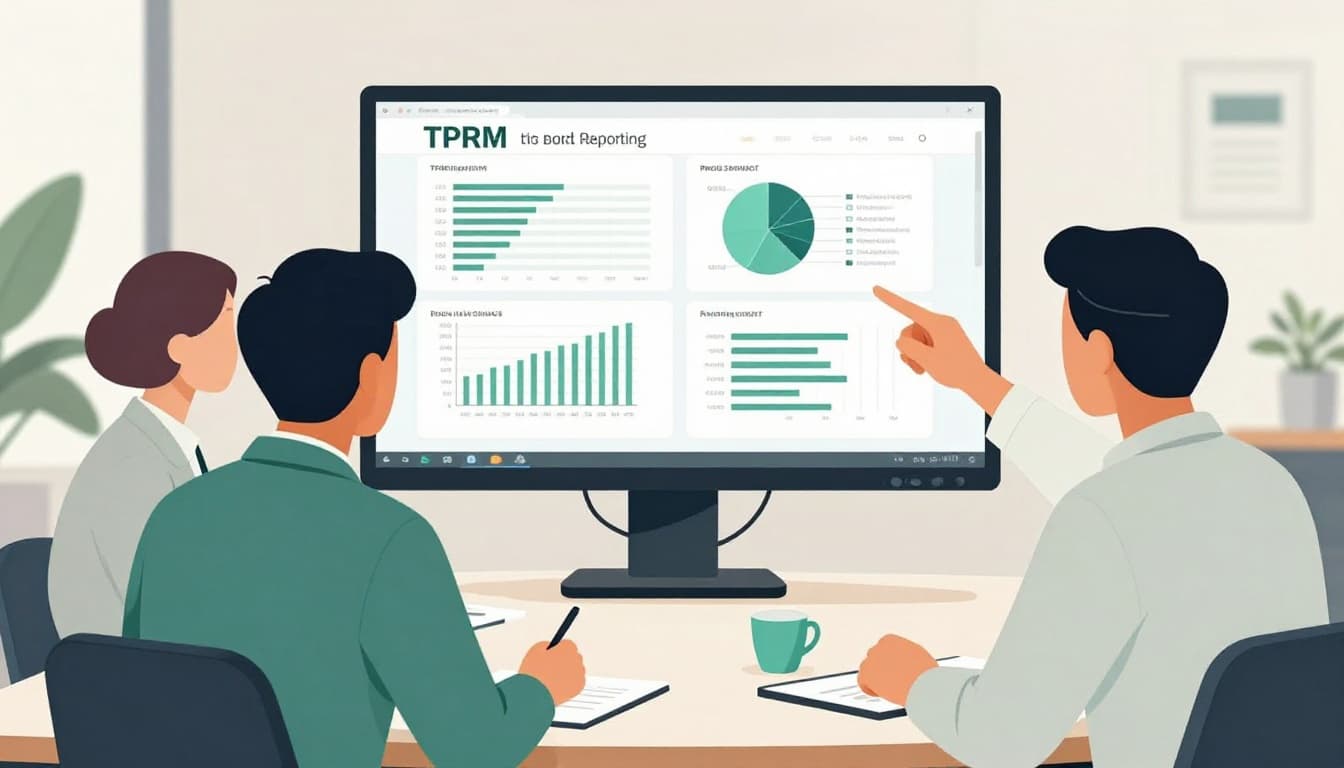 Two professionals point casually at charts on a shared screen during a meeting.
