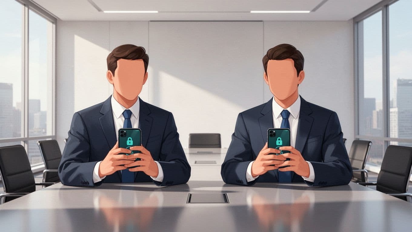 Two executives in a conference room use separate phones for verification, one dialing while the other confirms with lock icons.