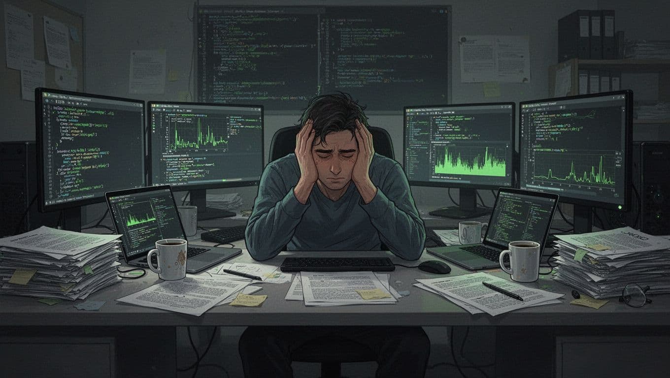 Exhausted penetration tester sits at cluttered desk with laptops showing vulnerability scans, stacks of reports, empty coffee mugs, head in hands.