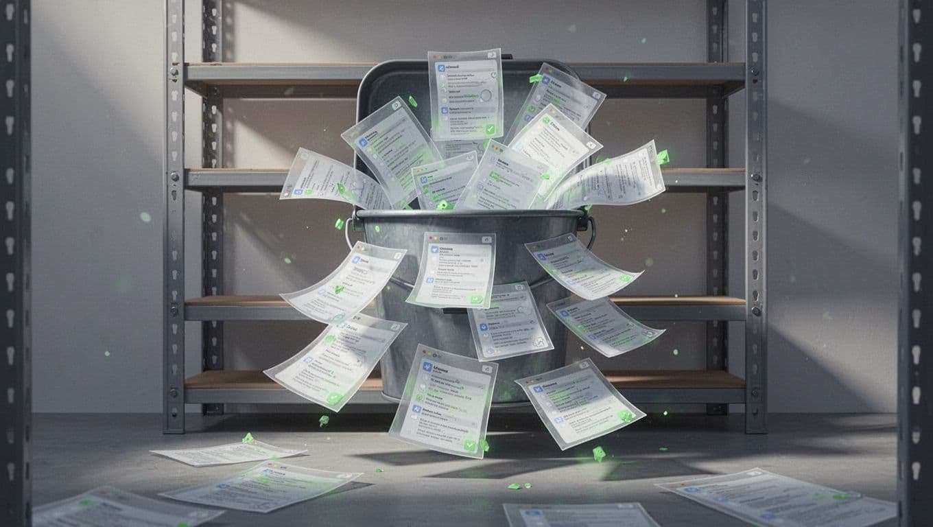 Warning sign above open cloud bucket spilling data files with dramatic shadows on exposed documents against server rack background.