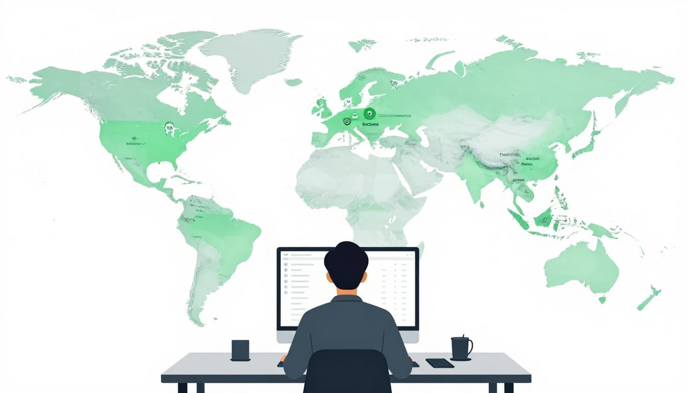 Security analyst at desk monitors dashboard of network scanners detecting open database ports worldwide on digital world map with icons.