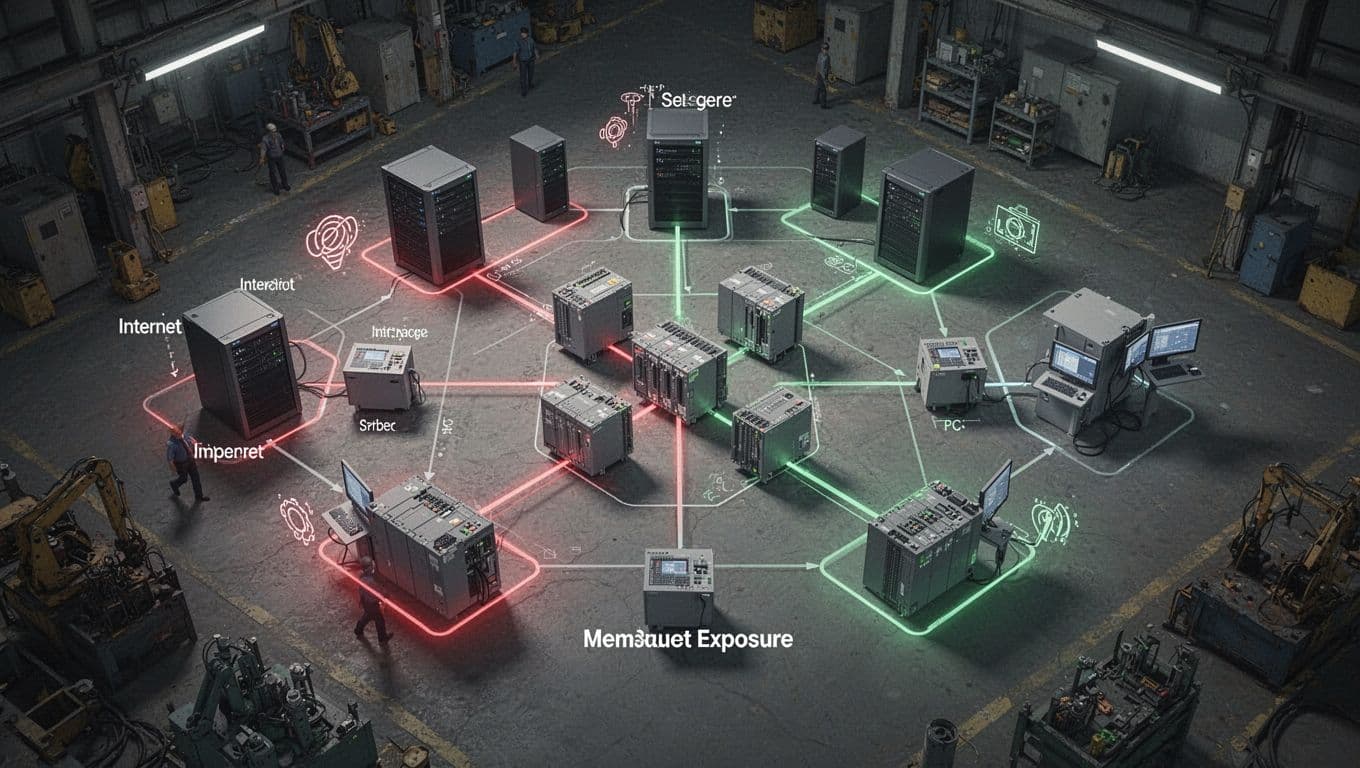 Overhead view of factory ICS network with connected servers, PLCs, HMIs; red highlights exposed assets, green accents secure segments.