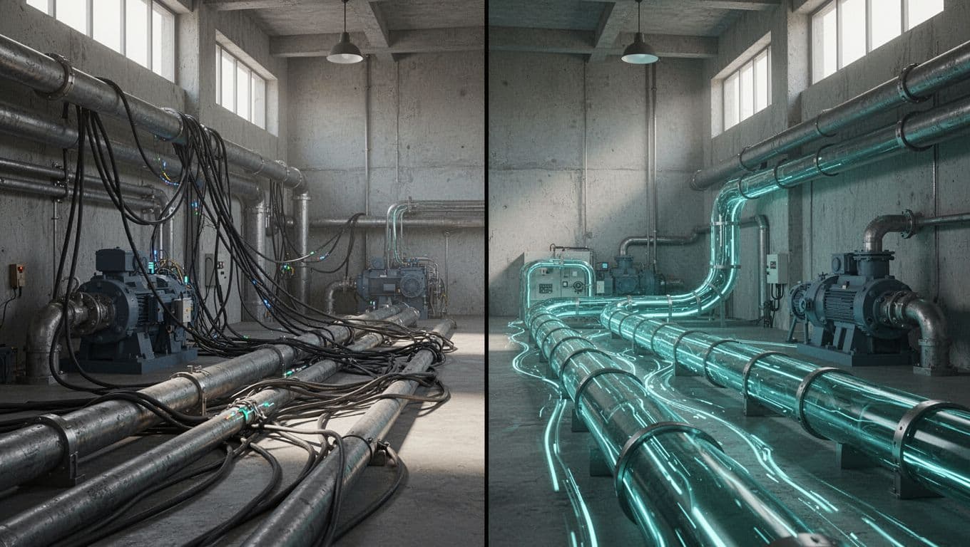 Split-view illustration contrasts insecure Modbus and DNP3 flows over exposed connections with green VPN tunnels in power plant.