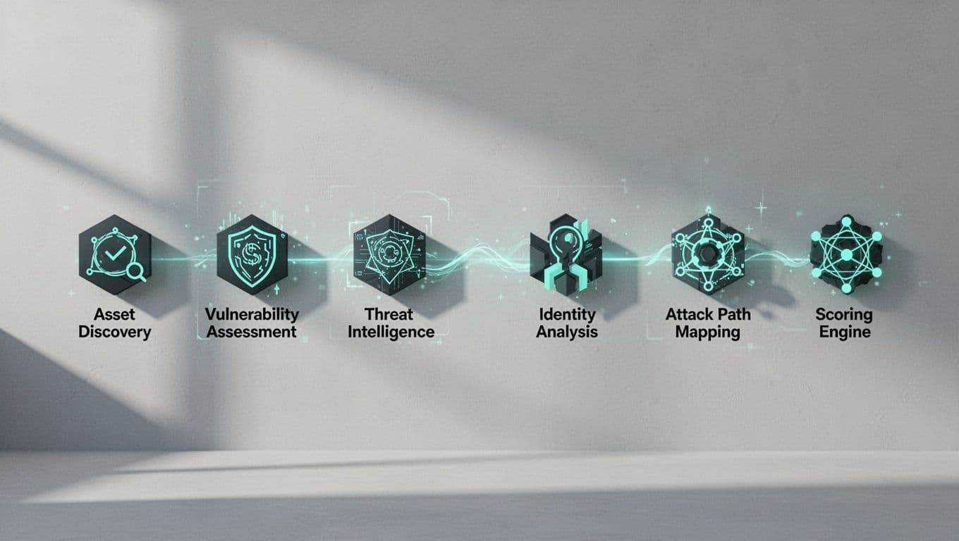 Six icons for asset discovery, vulnerability assessment, threat intelligence, identity analysis, attack path mapping, and scoring engine flow left to right in a pipeline.
