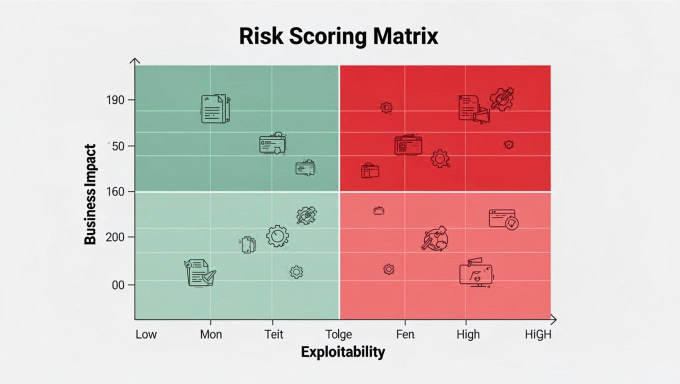 Matrix grid with exploitability axis low to high horizontally, business impact low to high vertically; quadrants green to red with sized asset icons.