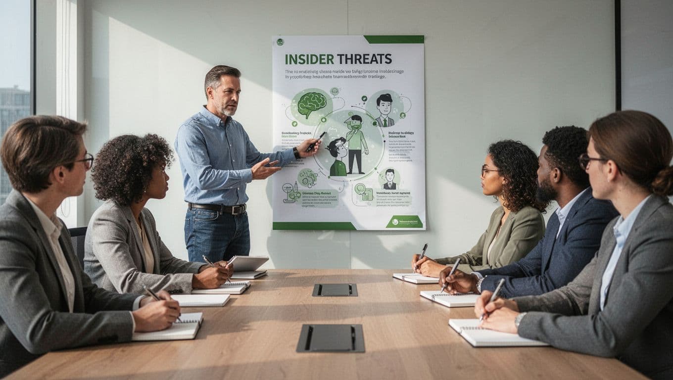 Facilities manager points to insider threats poster while four diverse professionals take notes in conference room.