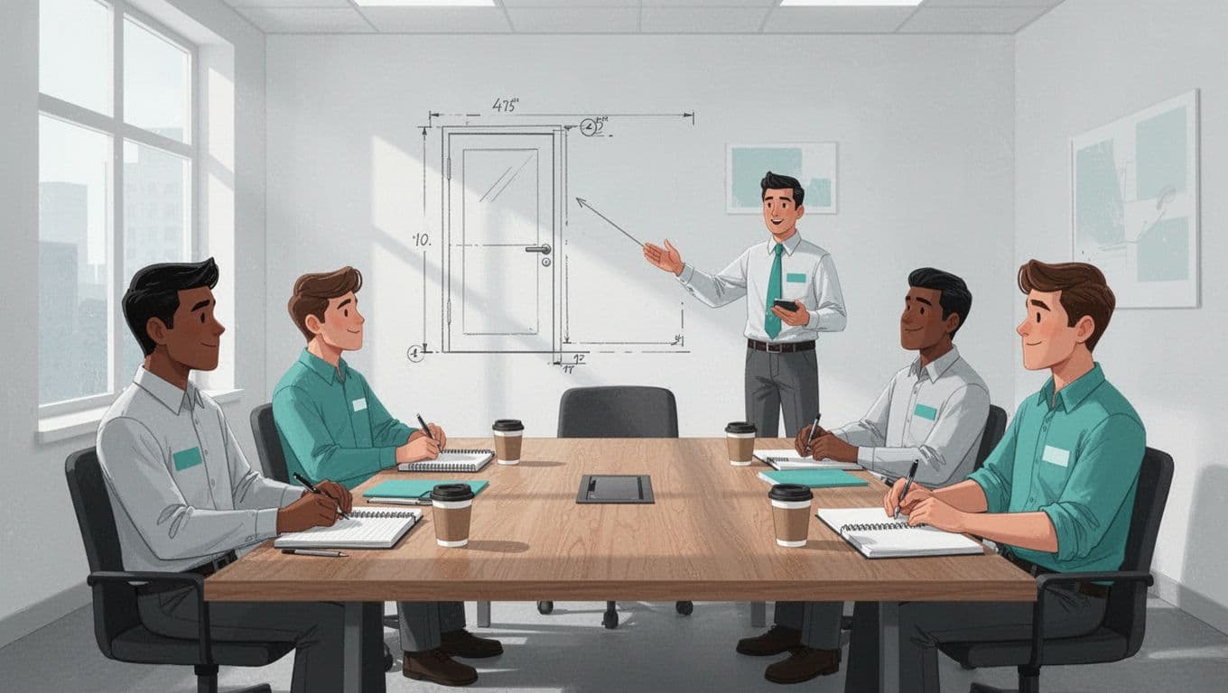 Five facilities staff in bright conference room; trainer gestures to door diagram while others take notes at table with coffee.