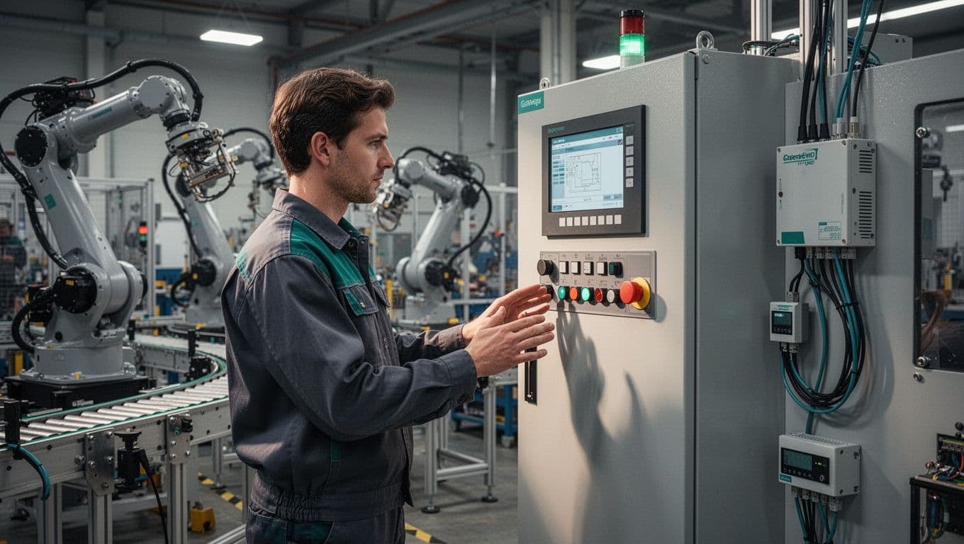 Factory floor with PLC cabinet, HMI touchscreen, sensors on robotic arms and conveyors, IoT gateway, and engineer at panel.
