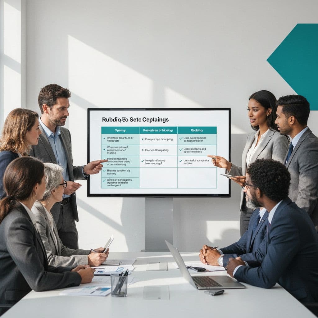 A diverse group of professionals examines a structured assessment rubric on a large digital screen.