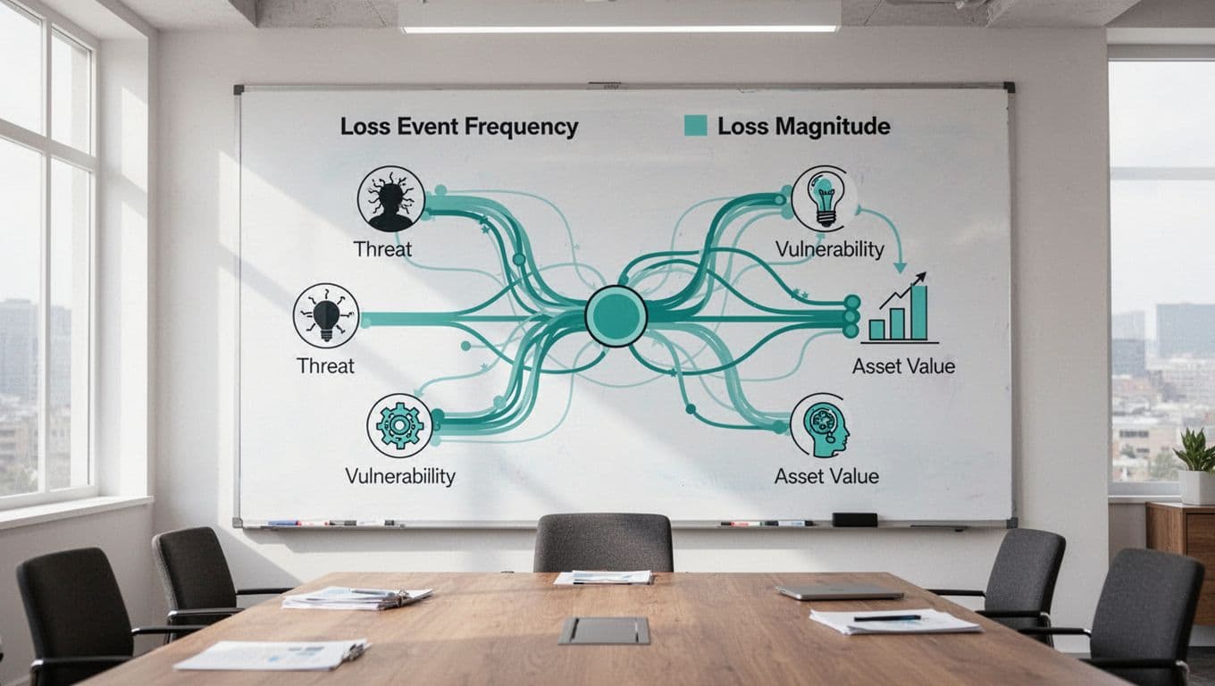 Whiteboard in meeting room shows interconnected nodes and flow diagram for FAIR risk model components: loss frequency and magnitude.