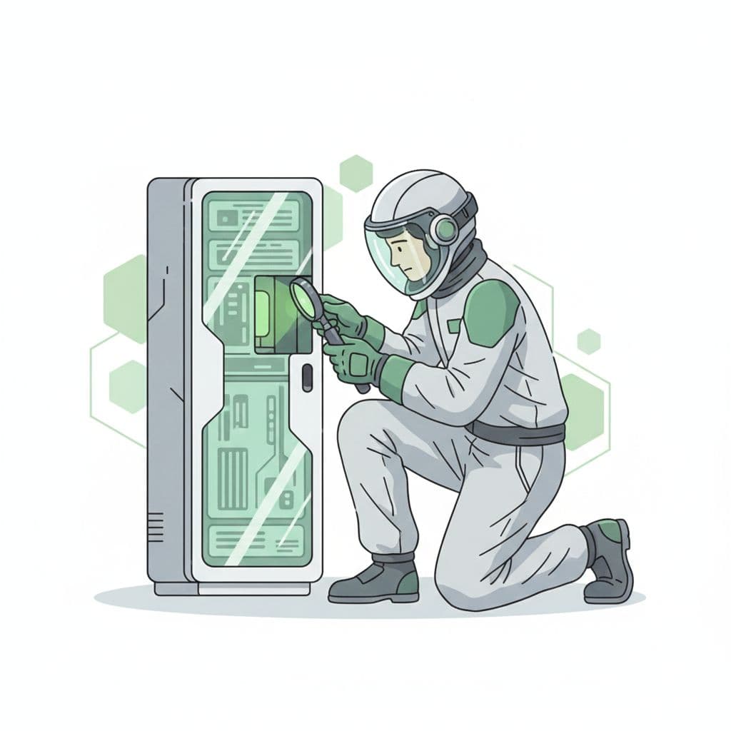A technician examines a piece of equipment for tampering inside a secure facility.