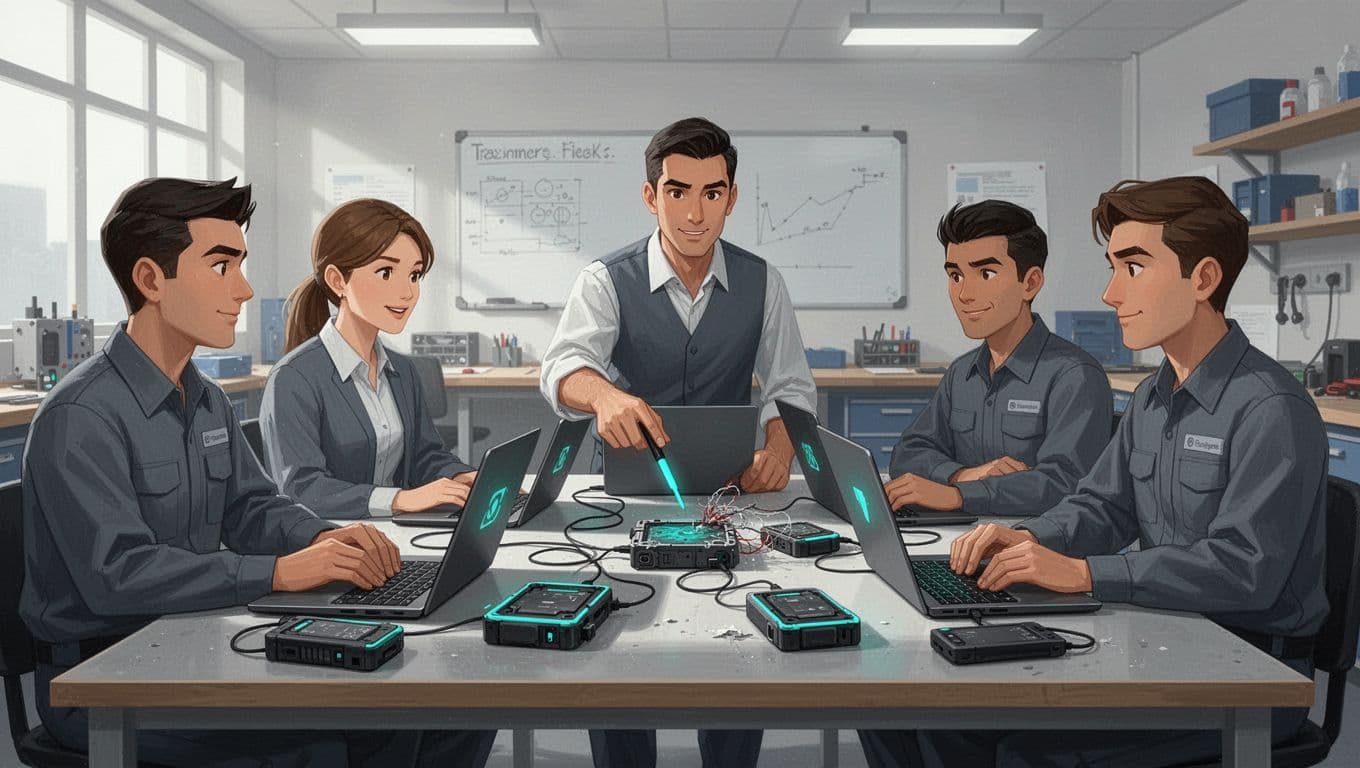Four technicians and instructor seated around table with laptops and devices, instructor pointing to tampered example.