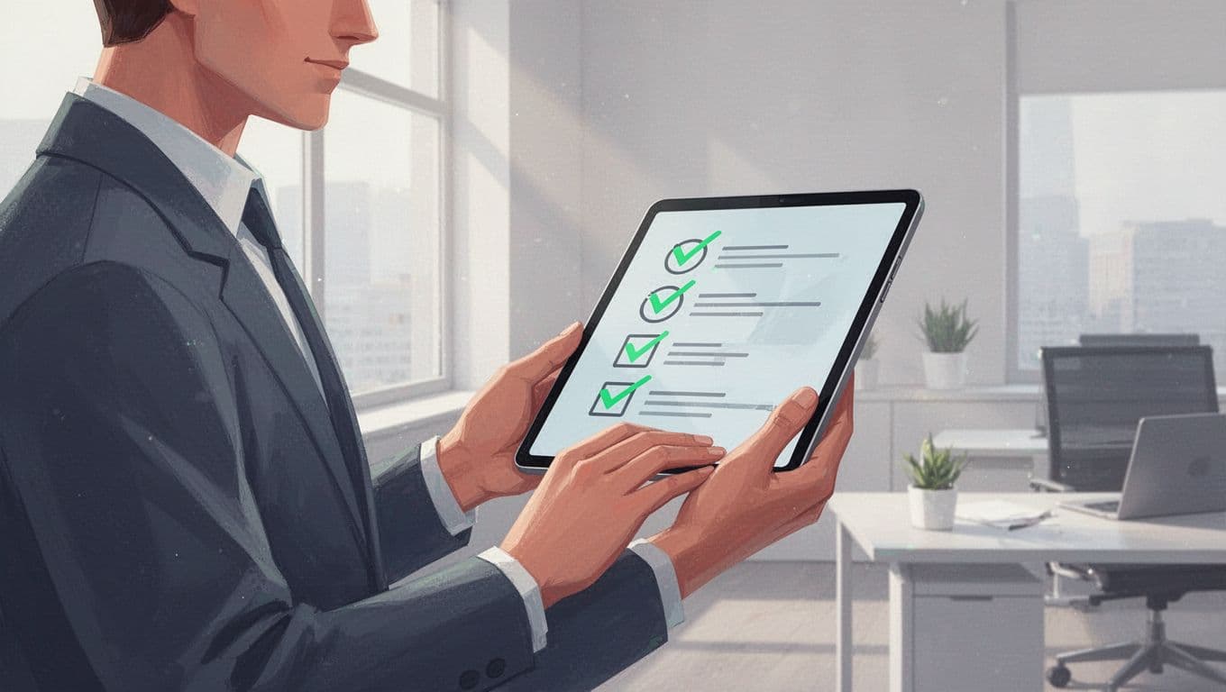 Professional holds digital tablet showing hiring checklist in office.