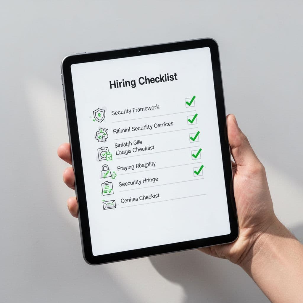 Hand holds digital tablet showing checklist with green checkmarks on cybersecurity icons.