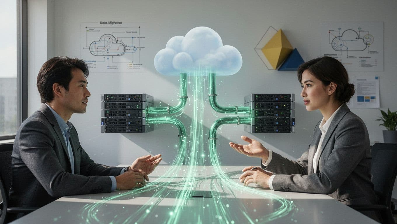 Two people collaborate in office on green data pipelines and encryption flows handing over from on-prem to cloud.