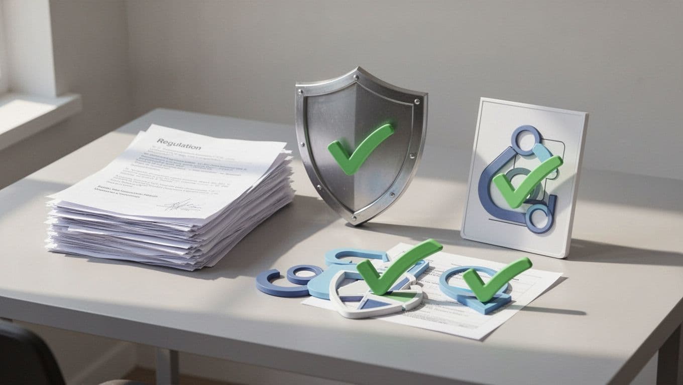 Neat desk layout with regulation icons like DORA and NIST, green checkmarks, documents, and shields.