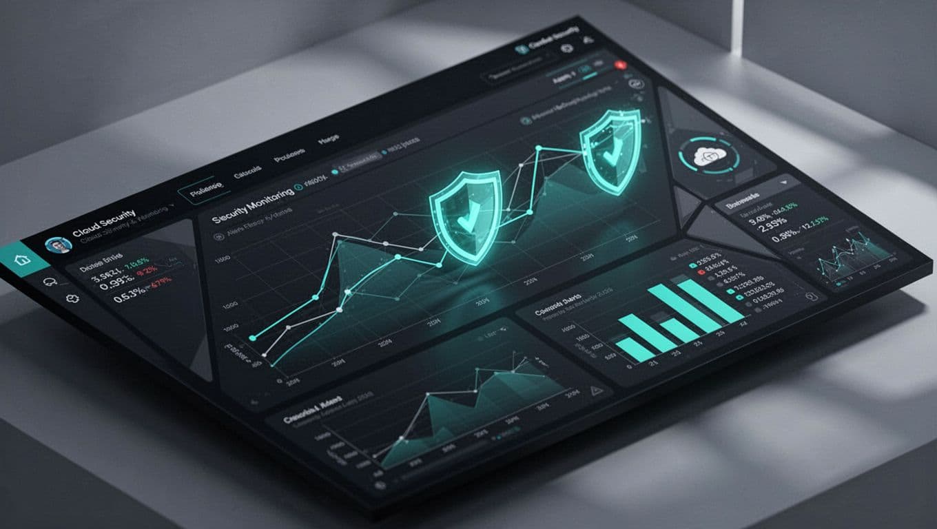 Isometric dashboard shows graphs, green alerts, and shields in a finance cloud security control center.