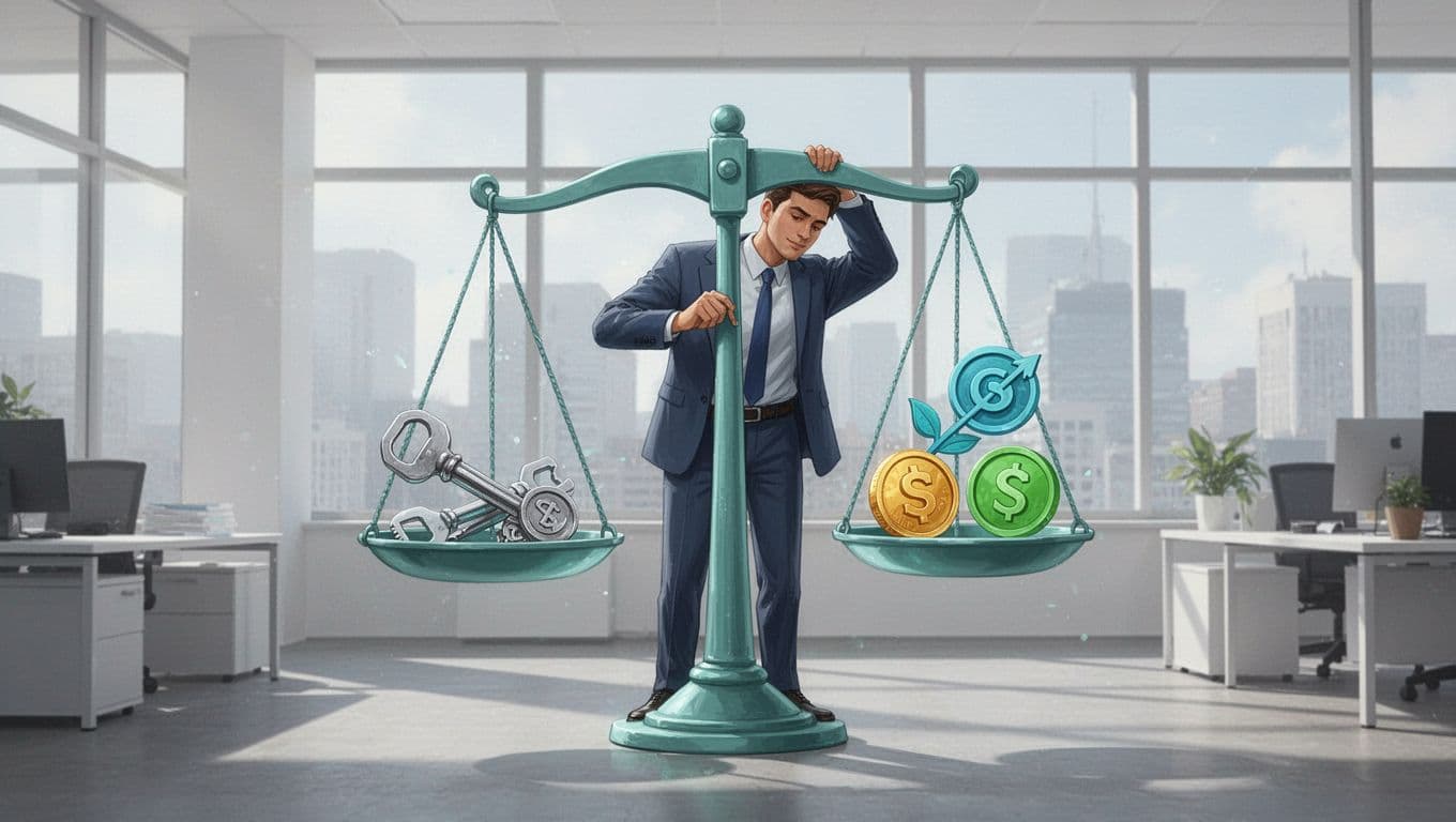 Finance manager balances scales with security tools on one side and cost savings on the other in office background.