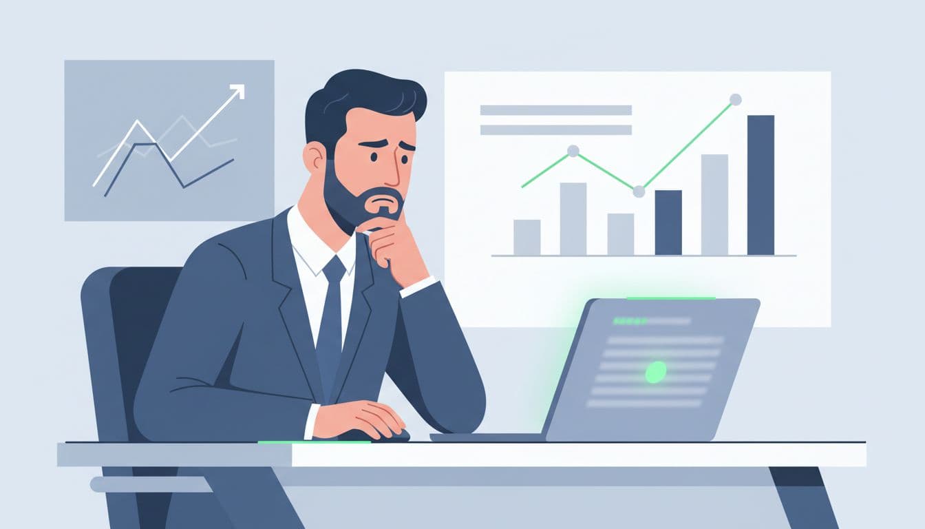 Finance professional at desk examines blurred suspicious wire transfer email on laptop with concerned expression in office with wall charts.
