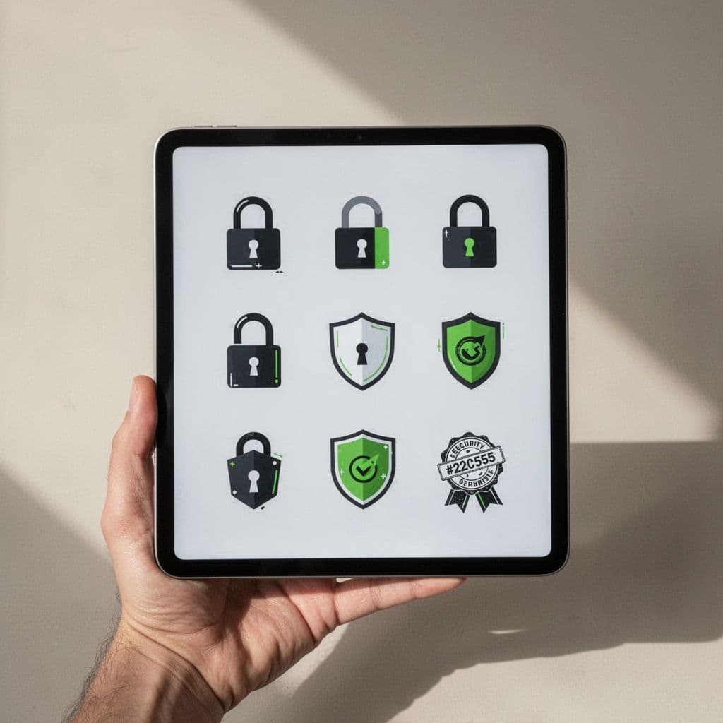 Hand holds tablet showing grid of security icons like locks, padlocks, shields, and audit stamps.