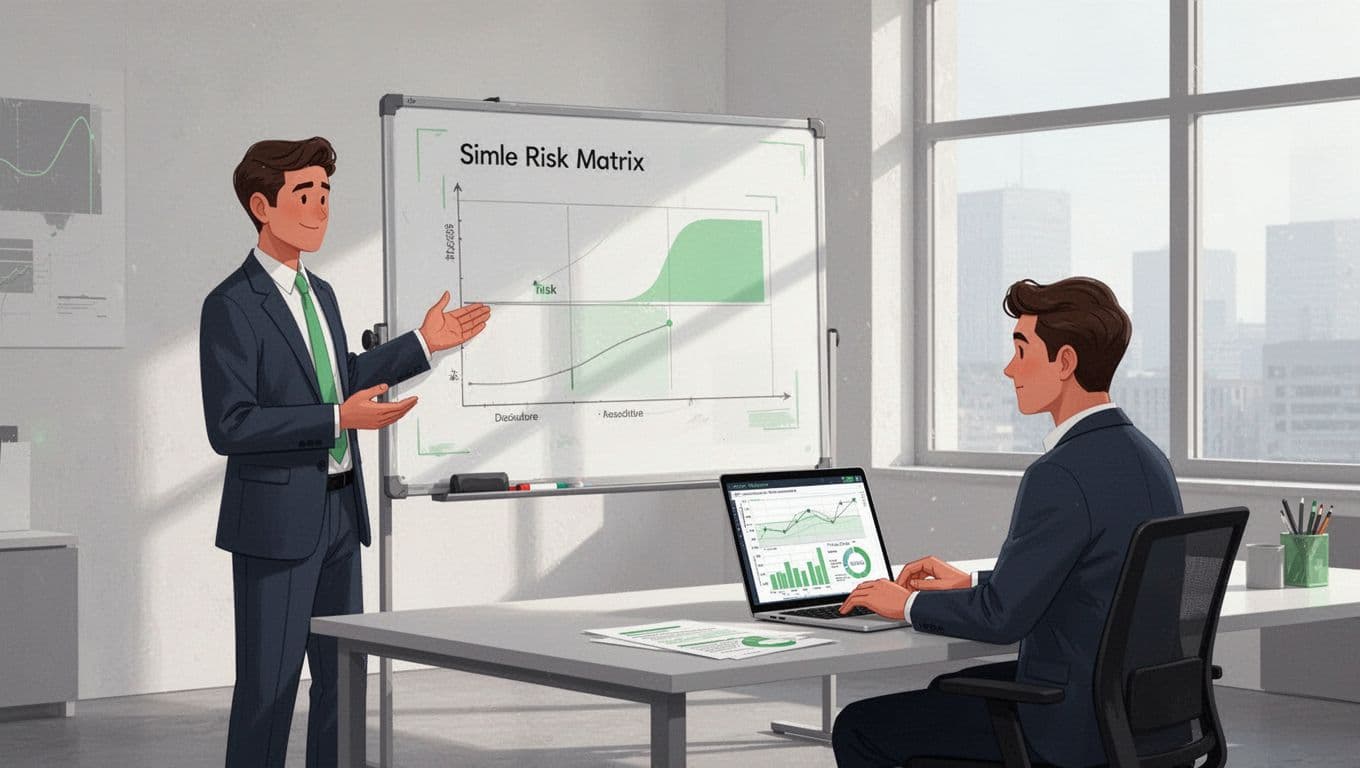 Two professionals in fintech office: one at whiteboard with risk matrix, another reviews laptop.