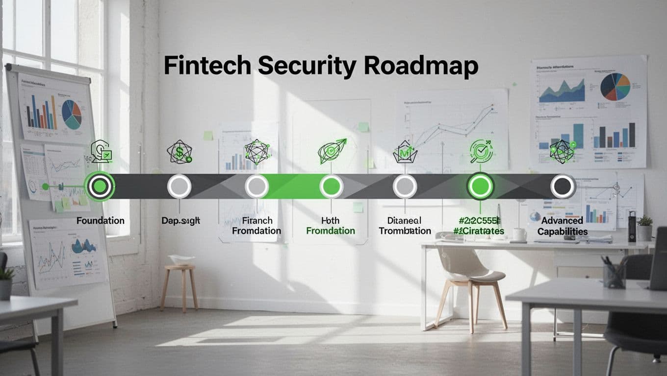 Horizontal timeline graphic showing fintech security stages from foundation to advanced in office with charts and icons.