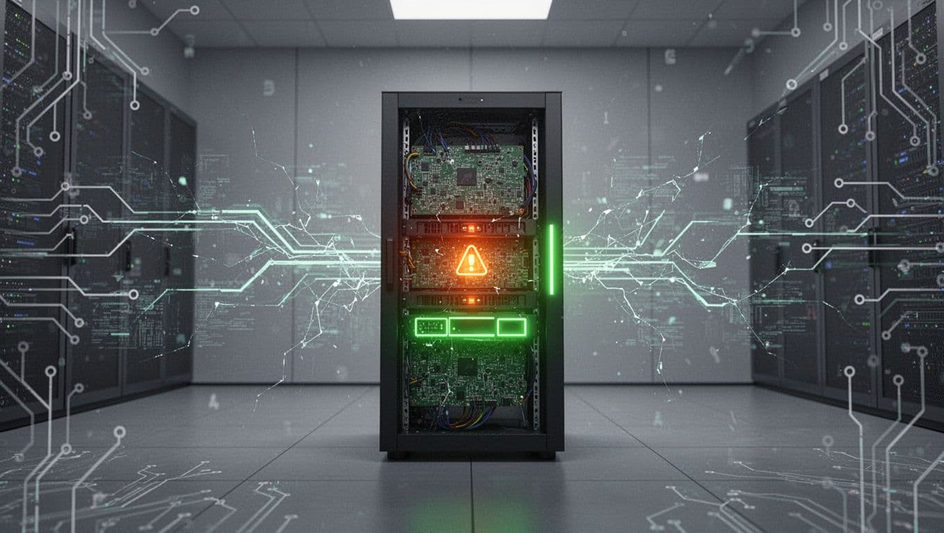 Boot process chain shows glowing compromised firmware disrupting servers and halting data flow in network.