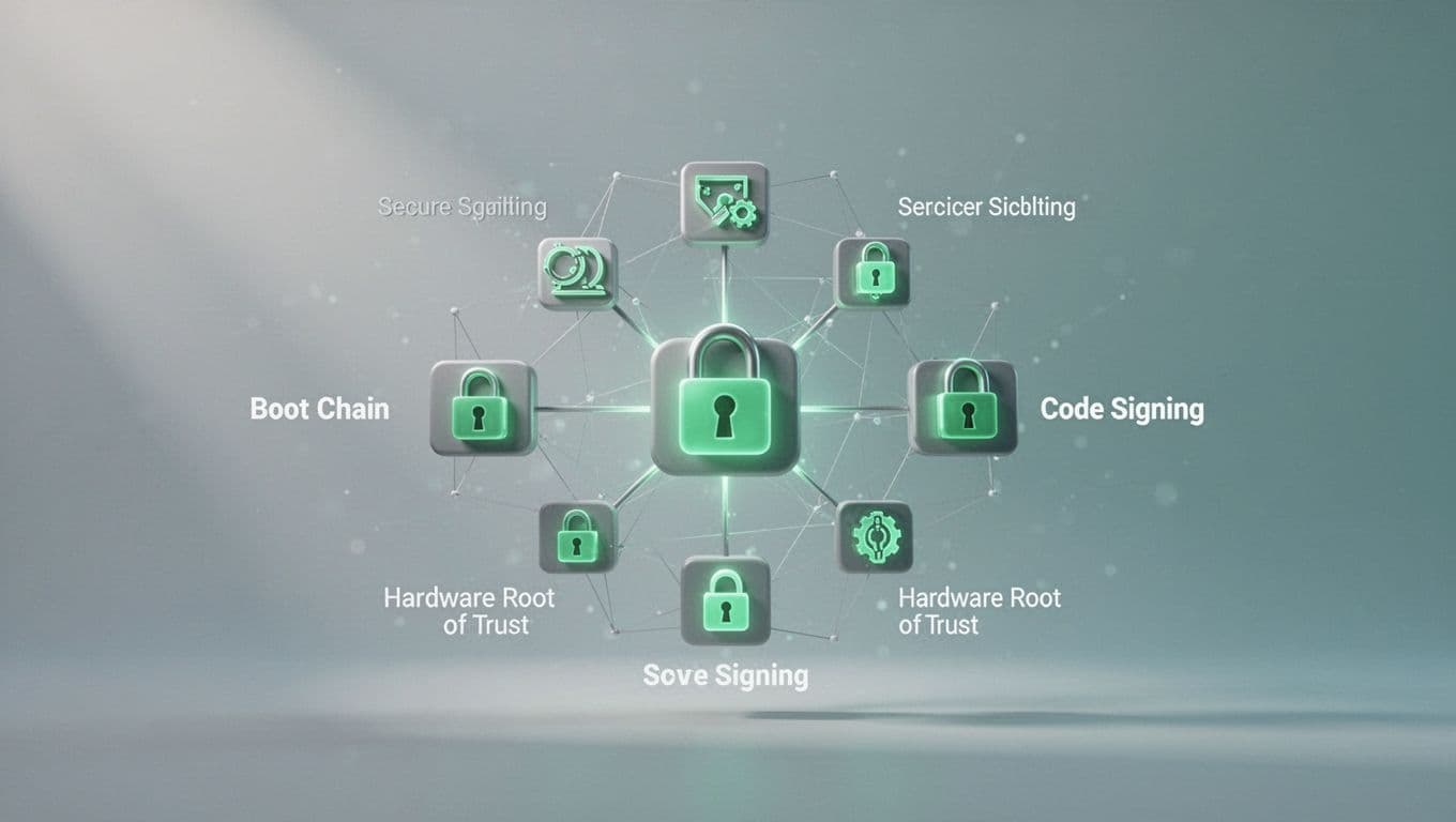 Secure boot chain, hardware root of trust, and code signing icons connected by green-accented locks on gradient background.