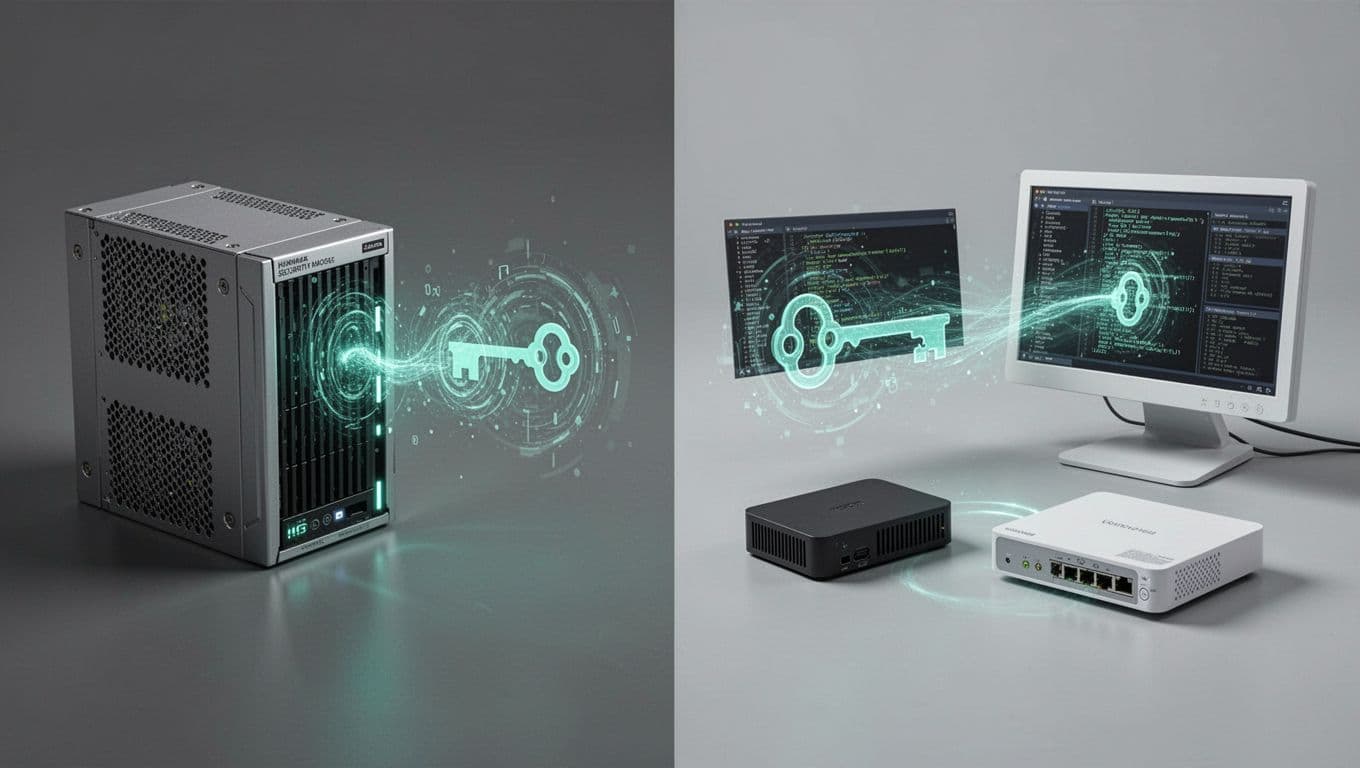 Split illustration: HSM signs firmware binary with private key on left; public key verifies on medical monitor and router on right.