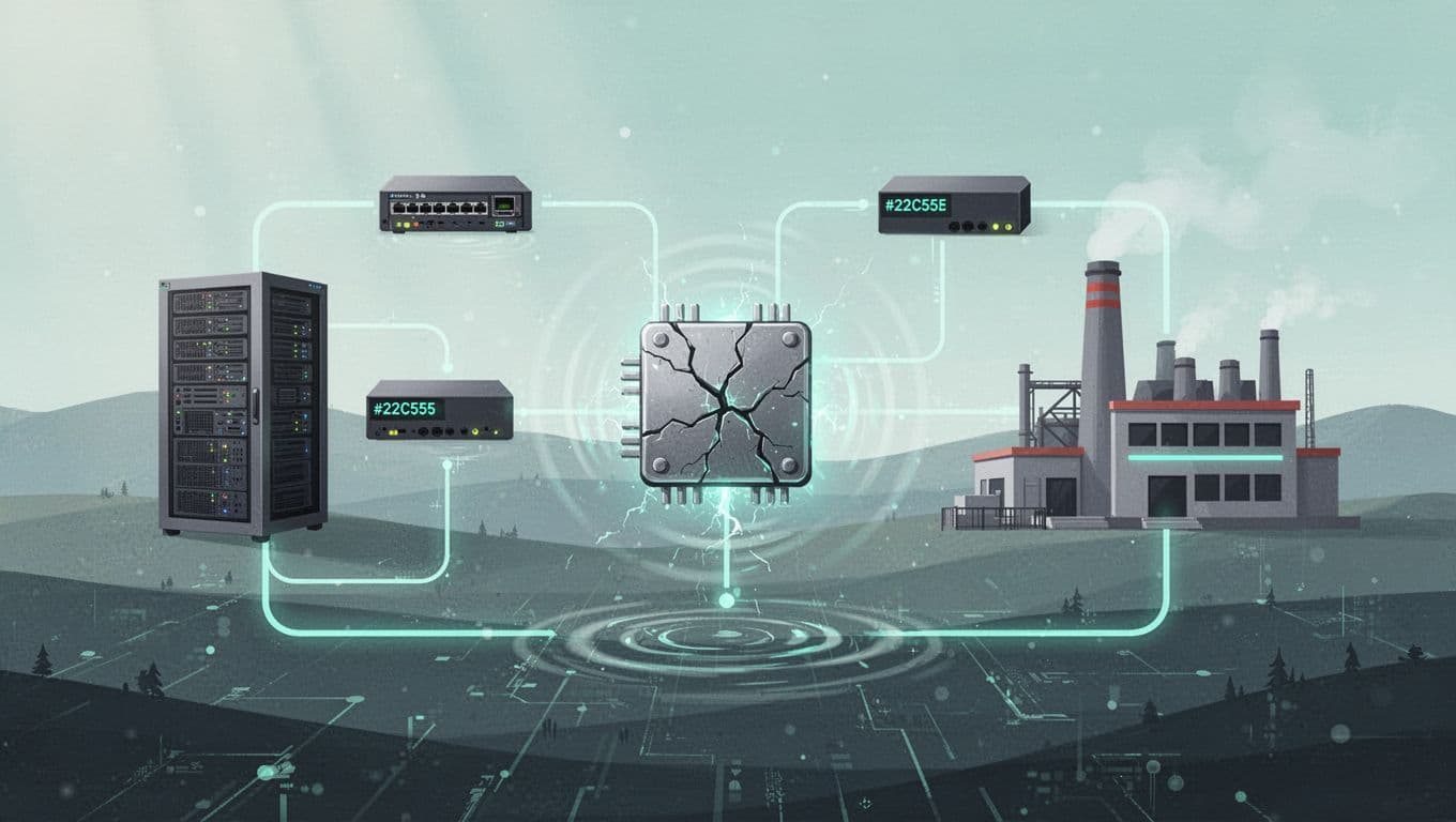 Linked servers and devices form supply chain with highlighted firmware crack rippling to factory and office icons.