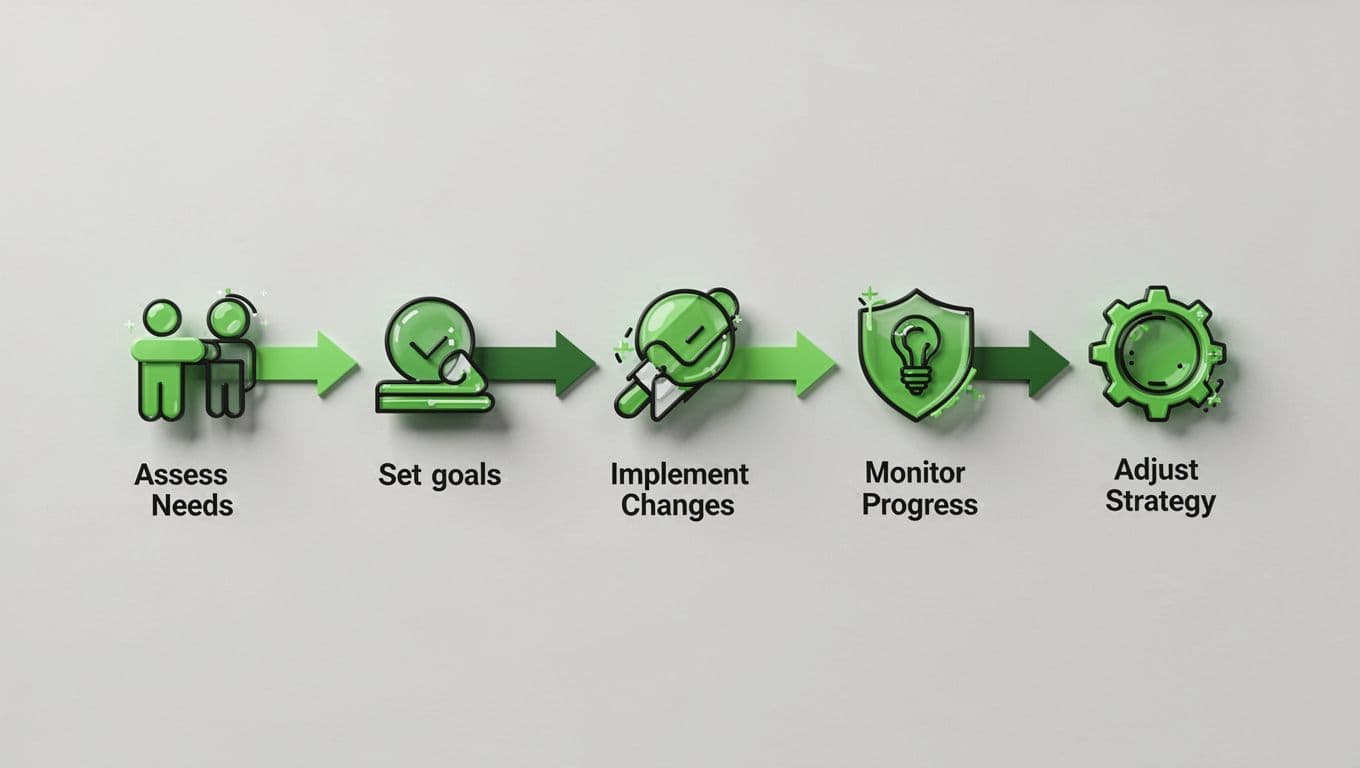 Horizontal flowchart with five icons connected by green arrows.