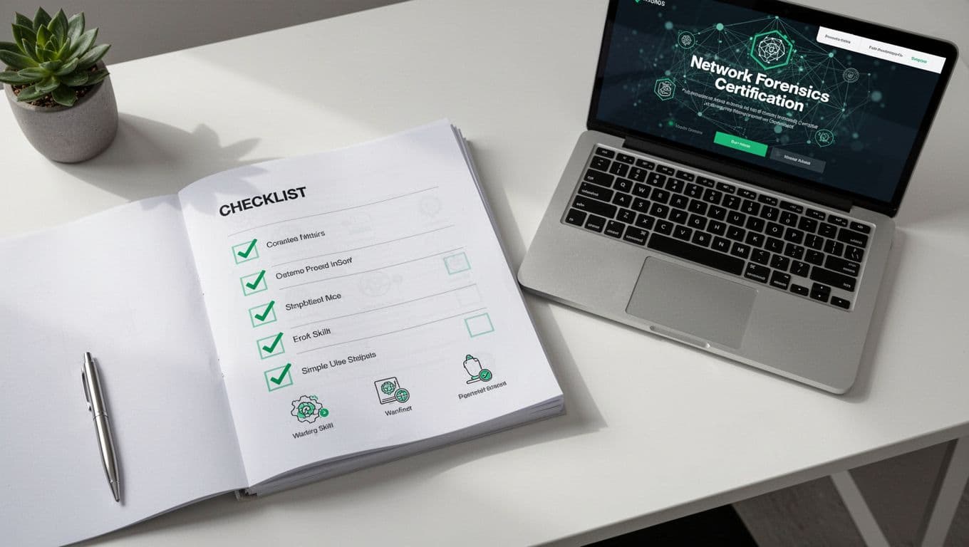 Top-down view shows checklist document with green checkmarks and icons beside laptop open to network forensics certifications.