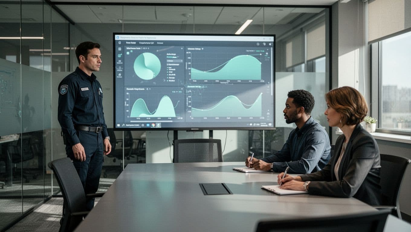 Forensics specialist stands presenting screen charts of demixed transaction paths and sanctions hits to two seated note-taking colleagues in conference room.
