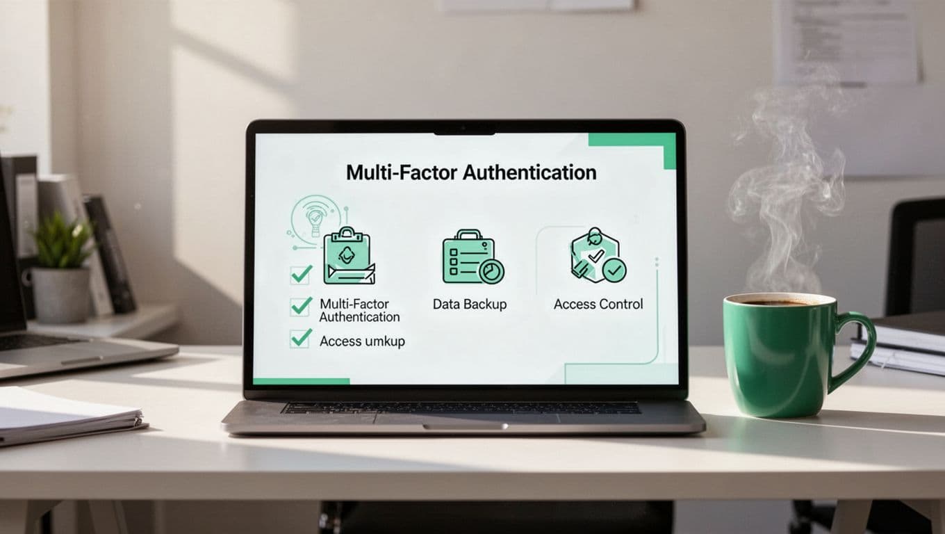 Digital board displays highlighted checklist of security controls with green accents above office desk and coffee mug.
