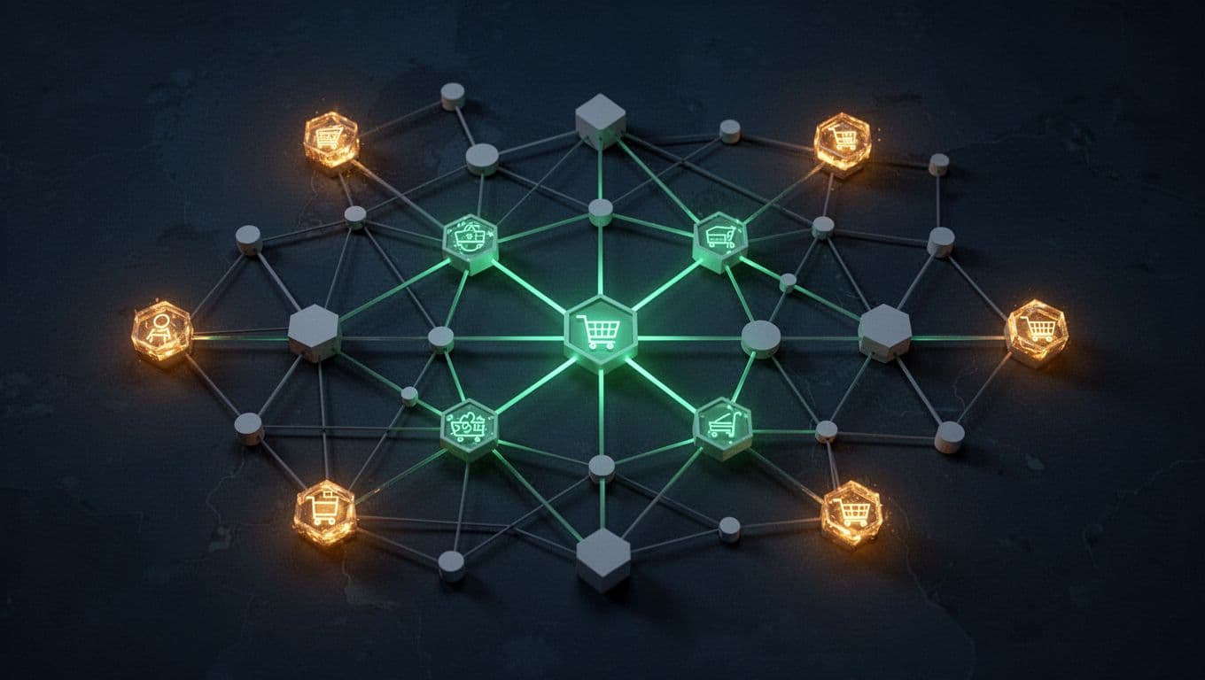 Web of interconnected vendor icons on dark background highlights outer nodes for fourth-party risks in blue-green tones.